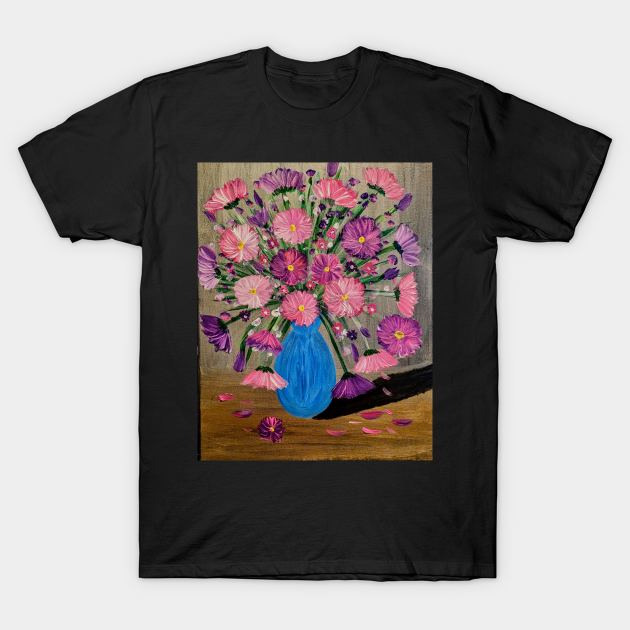 Vibrant pink and purple flowers bloom tall in a striking blue vase, adorned with touches of metallic paint for an extra shimmer T-Shirt by kkartwork